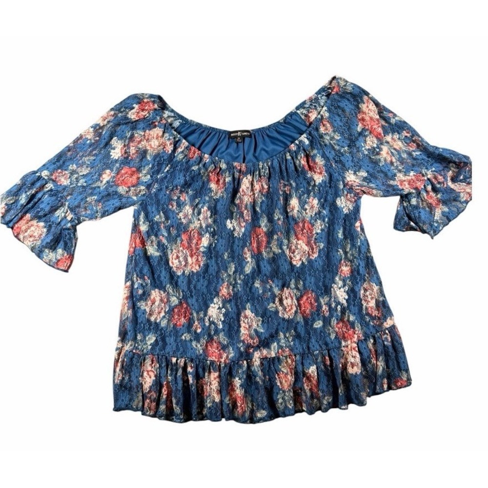 Womens 1X Top Blue Floral Lace‎ Boho Almost Famous Ruffle Bell Sleeve
